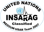 Logo der Vereinten Nationen mit der Aufschrift „INSARAG Classified“, einschließlich UN-Emblem und stilisierter Weltkarte