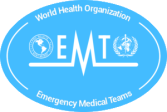 Logo der Emergency Medical Teams der WHO mit stilisiertem Herzschlag und Weltkarten-Symbolen auf blauem Hintergrund